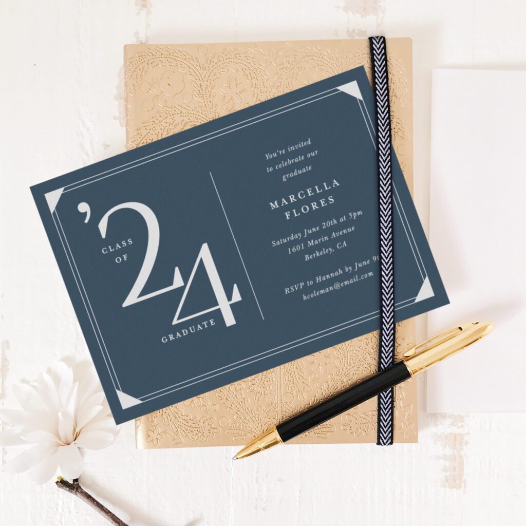 Elegant dark blue graduation invitation card for the Class of 2024 with modern typography, designed by Basic Invite and styled with gold accents