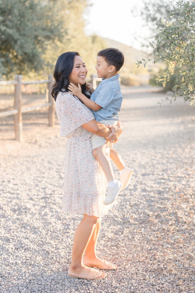 Mother and son sharing a sweet moment during a San Diego fall family photography session.