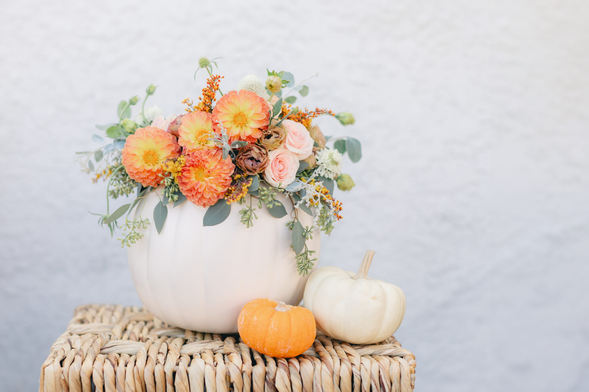 White pumpkin floral arrangement with orange dahlias and roses, styled for fall mini sessions in San Diego